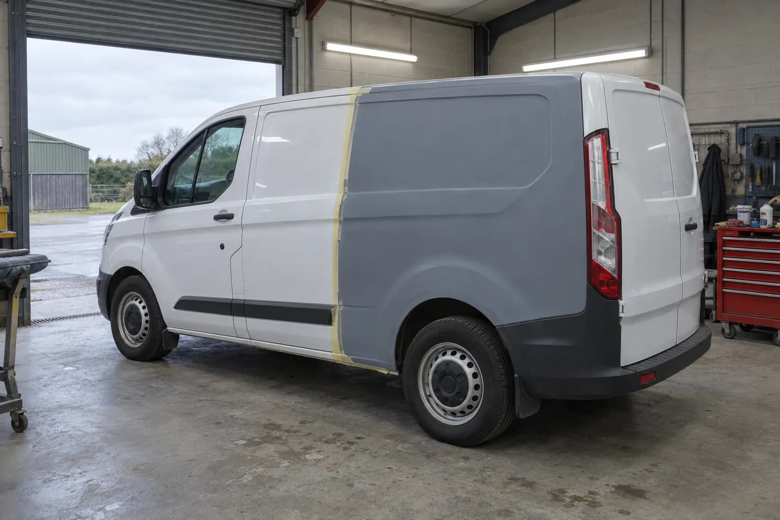 Illustration: a white panel van with a replaced side panel in primer, in the workshop
